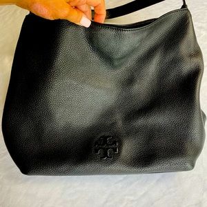 Tory Burch Thea Black Pebbled Lux Leather Hobo Handbag